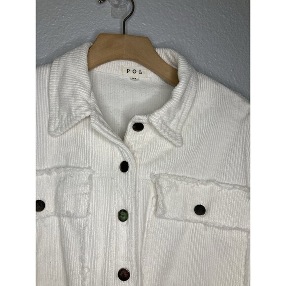 POL Jacket Womens M Ivory White Corduroy Raw Edge Cotton Trucker Puff Sleeve - Picture 5 of 11